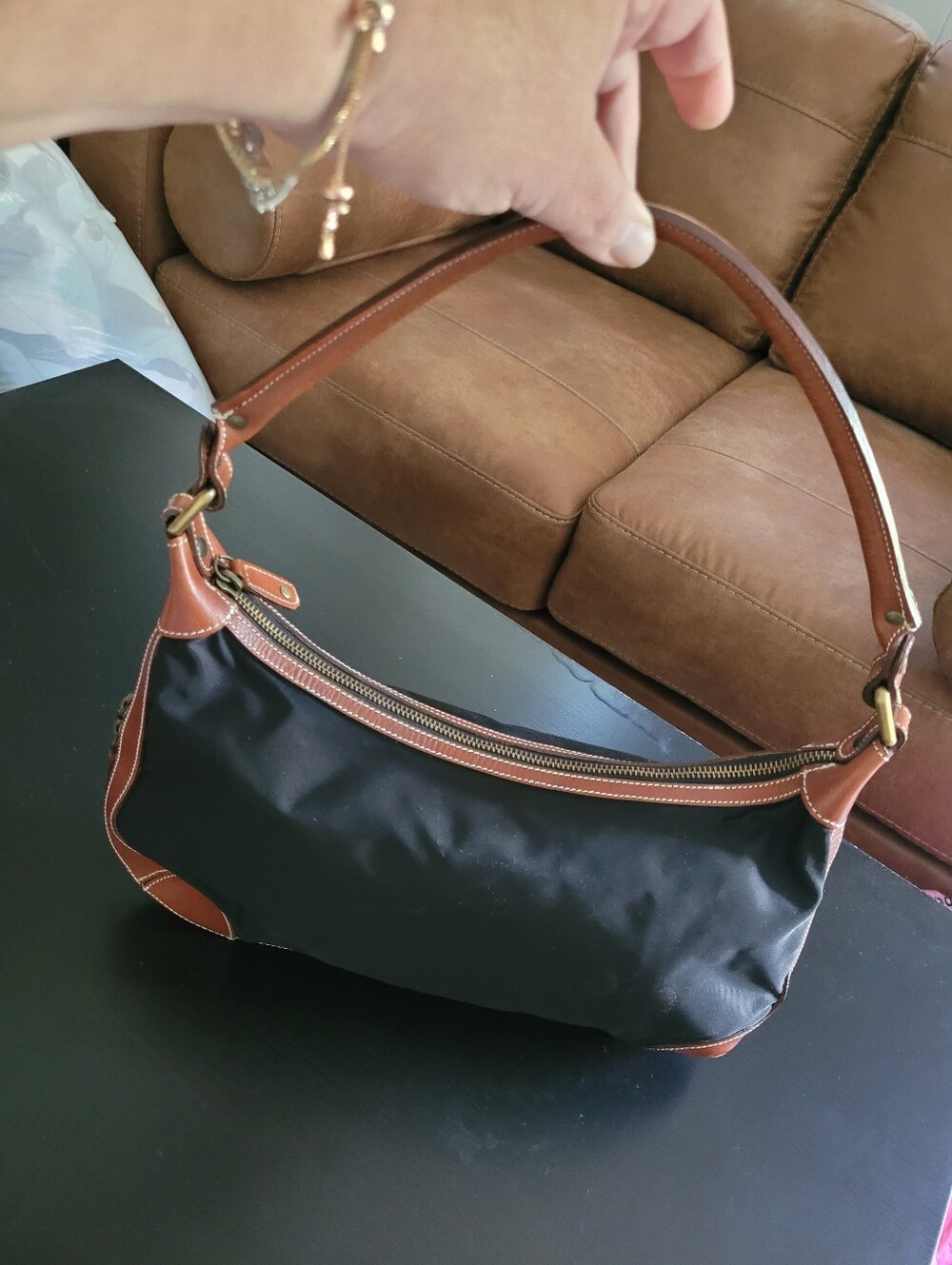 Leilian Black Nylon Shoulder Bag with Brown Leather Trim